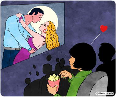 Illustration of a girl getting sexual feelings while watching a romantic scene in a movie theatre - Menstrupedia