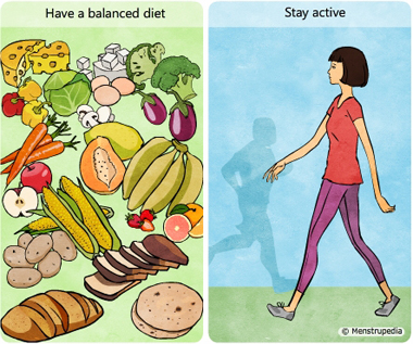 Illustration of balanced diet containing vegetables, dairy products, fruits and cereals, Taking a walk to stay active - Menstrupedia