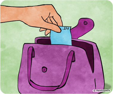 Illustration of keeping a sanitary pad or a tampon handy in a purse - Menstrupedia
