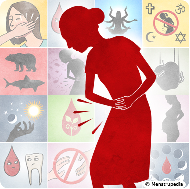 Illustration of red silhouette of a woman in pain due to her abdominal cramps during periods and at the backdrop are illustrations of different menstrual myths - Menstrupedia