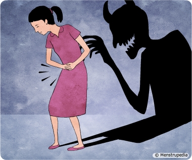 Illustration of a menstruating woman experiencing pain due to cramps while in the shadow she looks like a demon to depict the menstrual myth that menstruating women are cursed - Menstrupedia