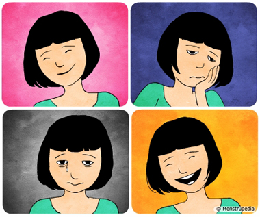 Illustration of mood swing, a girl with happy expression, sad expression, depressed expression and expression of feeling delighted - Menstrupedia