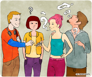 illustration of peer pressure, a peer group of adolescent girls and boys smoking and exchanging cigarettes - Menstrupedia