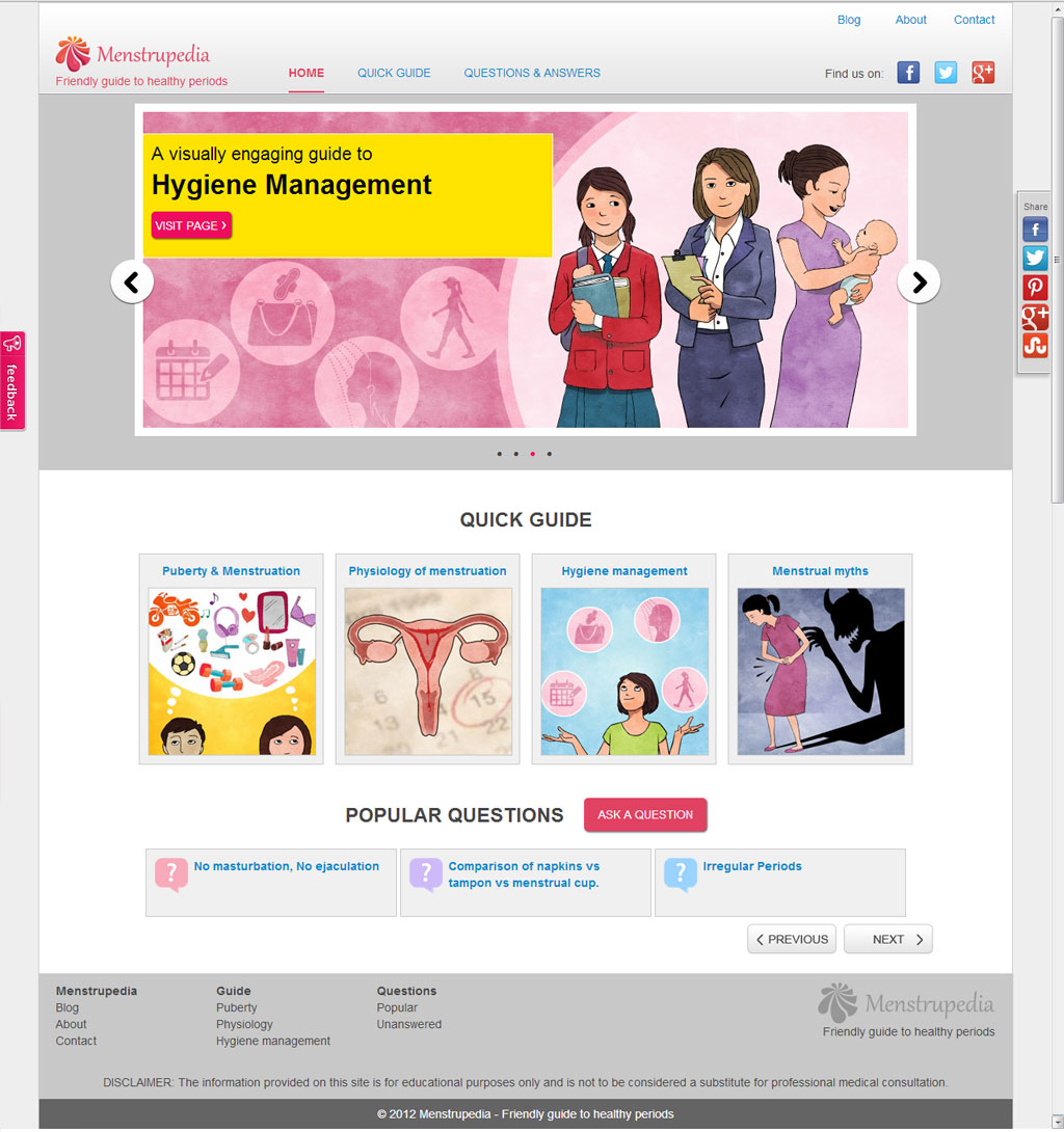 Menstrupedia slide show, quick guide, screen shot of menstrupedia home page